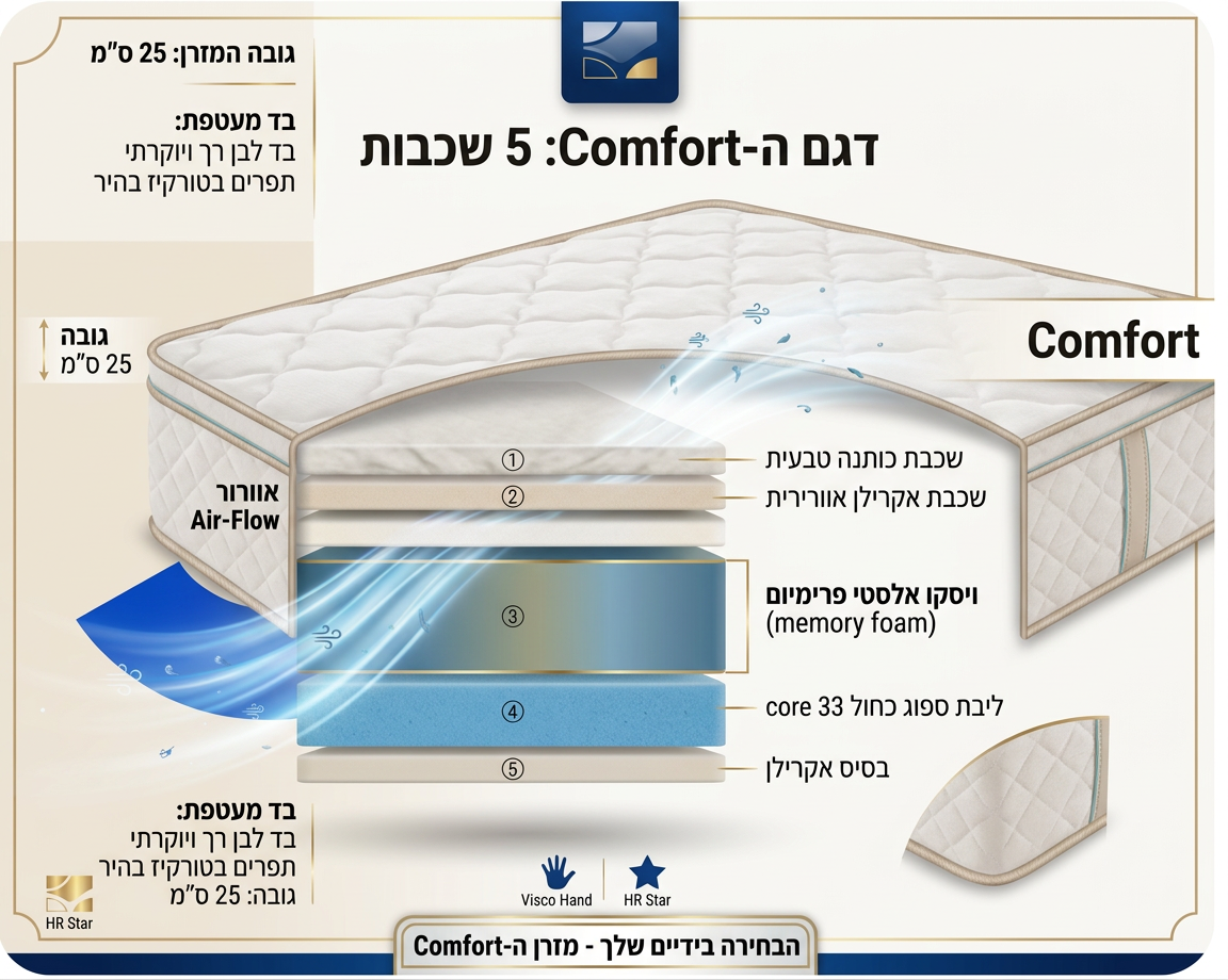 תרשים מפרט רשמי — קומפורט: שכבות, גבהים וחומרי גלם