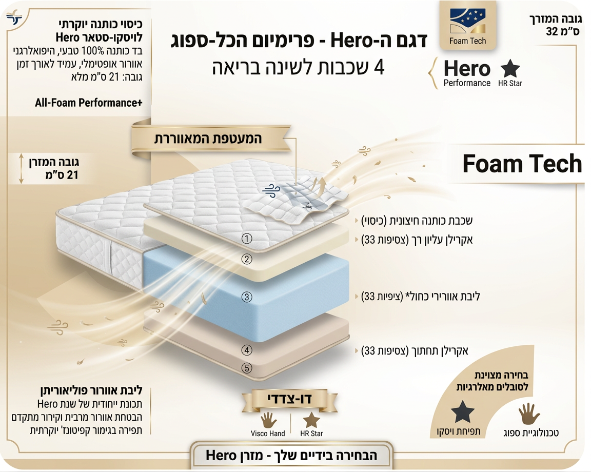 תרשים מפרט רשמי — הירו: שכבות, גבהים וחומרי גלם